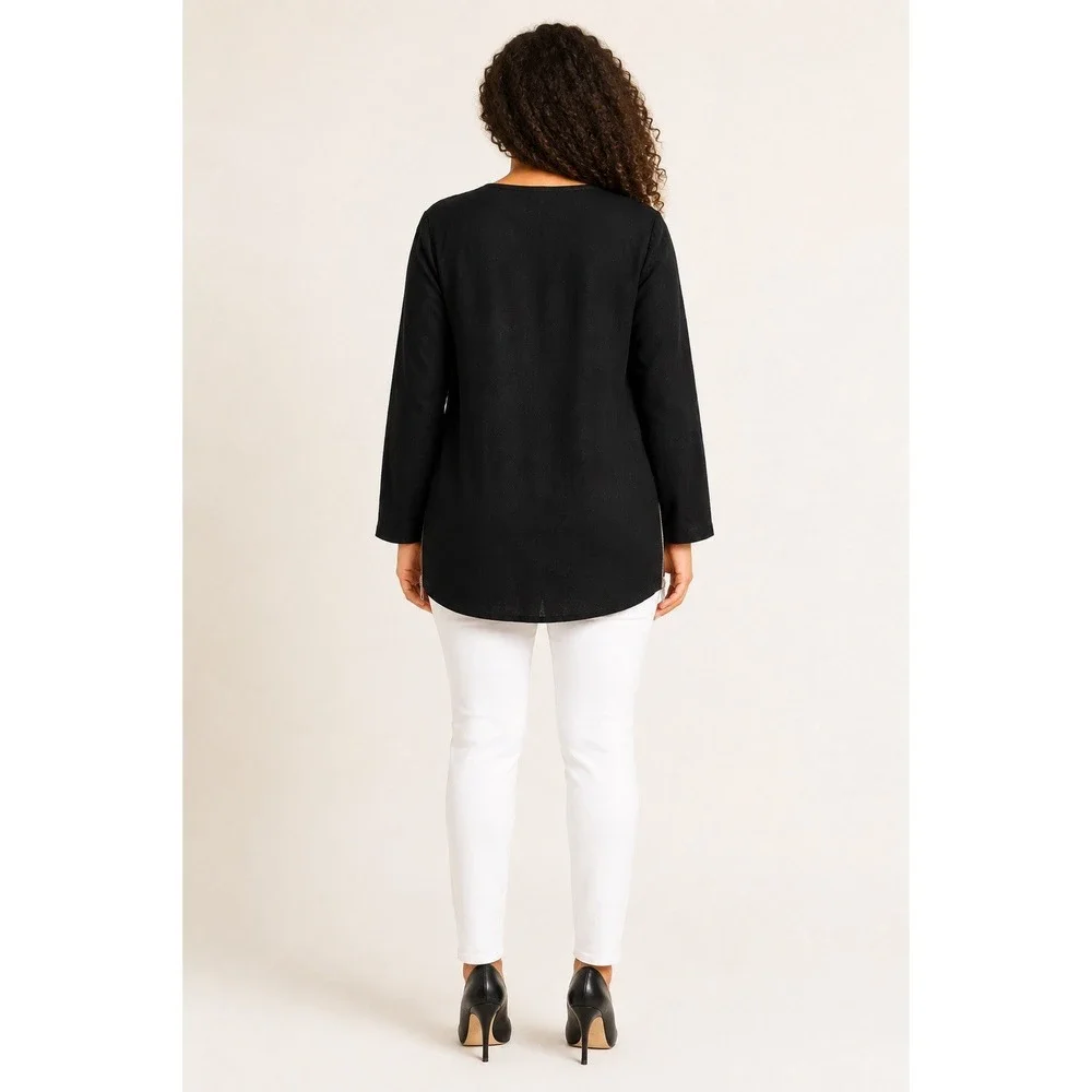 1X- Michael Kors Women's XL Black 100% Linen Rhinestone Zip Tunic Blouse